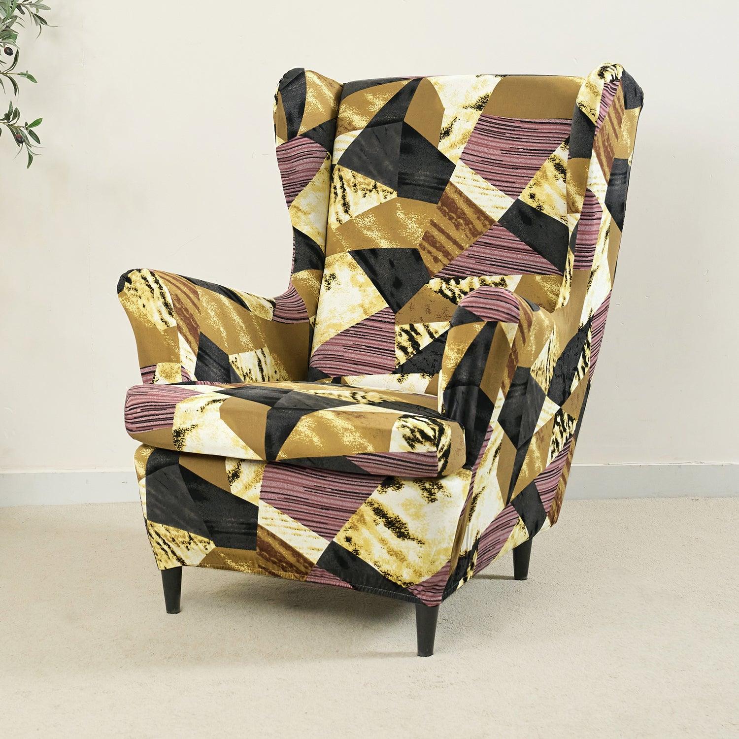 Stretchable 140 GSM Wing Chair Cover, Wine Abstract Geometry - HOKIPO | Har Ghar ka Humsafar