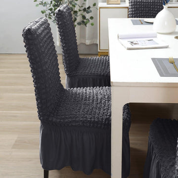 Stretchable 240 - 260 GSM Turkish Bubble Frill Dining Chair Cover Set of 1/2/4/6, Anchor Grey - HOKIPO | Har Ghar ka Humsafar