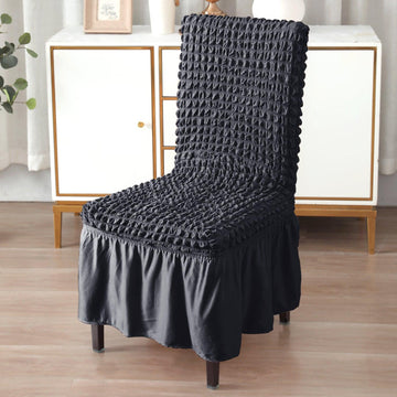 Stretchable 240 - 260 GSM Turkish Bubble Frill Dining Chair Cover Set of 1/2/4/6, Anchor Grey - HOKIPO | Har Ghar ka Humsafar