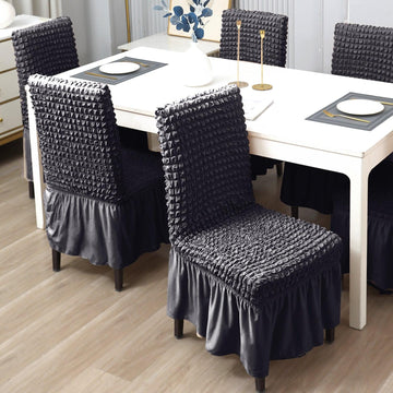 Stretchable 240 - 260 GSM Turkish Bubble Frill Dining Chair Cover Set of 1/2/4/6, Anchor Grey - HOKIPO | Har Ghar ka Humsafar