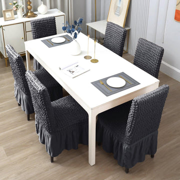 Stretchable 240 - 260 GSM Turkish Bubble Frill Dining Chair Cover Set of 1/2/4/6, Anchor Grey - HOKIPO | Har Ghar ka Humsafar