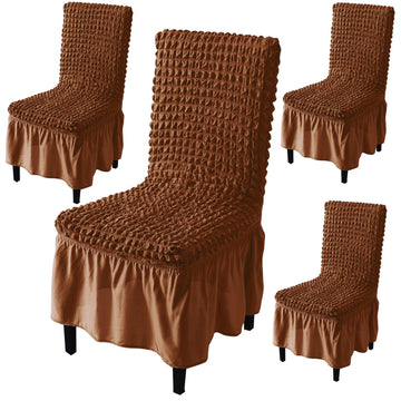 Stretchable 240 - 260 GSM Turkish Bubble Frill Dining Chair Cover Set of 1/2/4/6, Chocolate Brown - HOKIPO | Har Ghar ka Humsafar