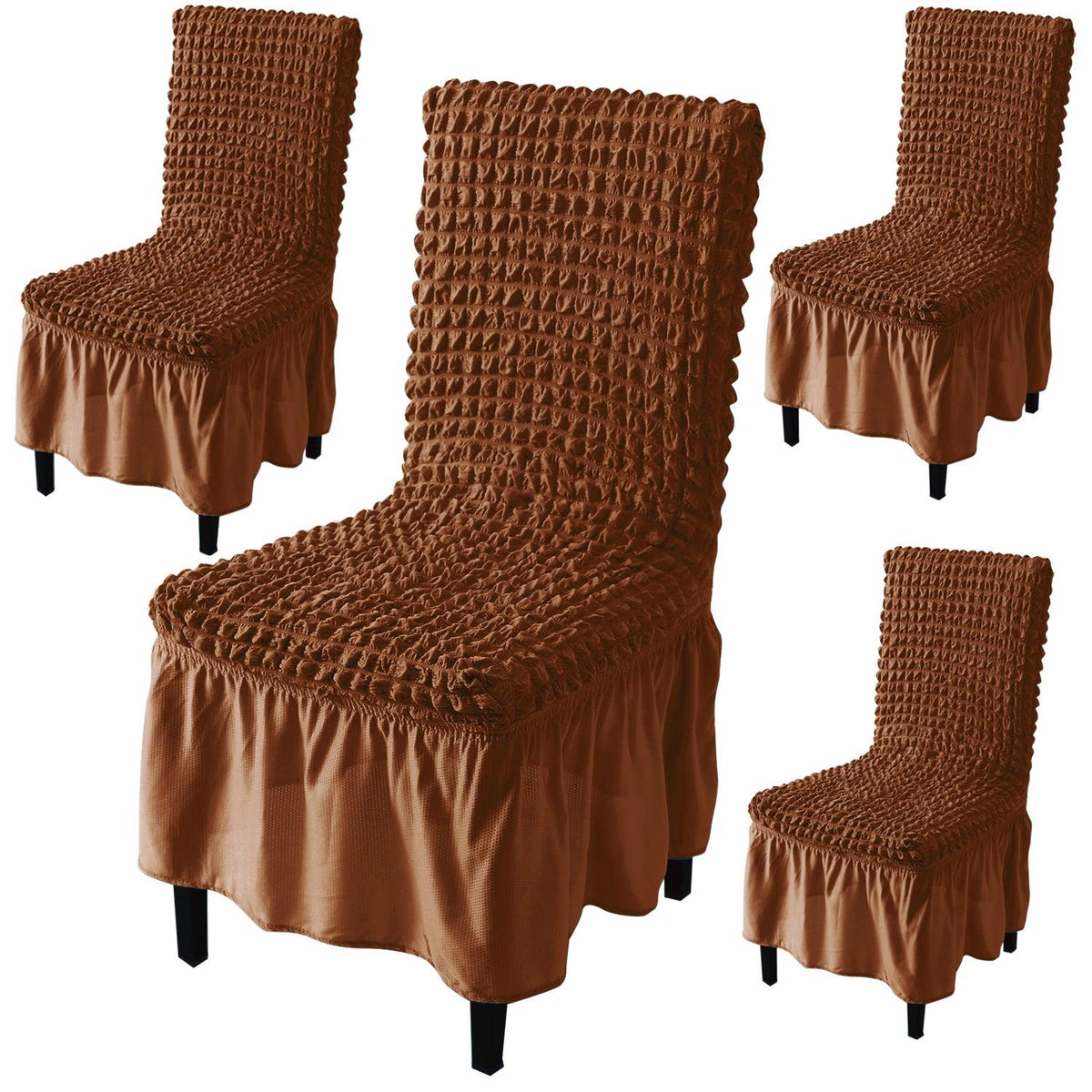 Stretchable 240 - 260 GSM Turkish Bubble Frill Dining Chair Cover Set of 1/2/4/6, Chocolate Brown - HOKIPO | Har Ghar ka Humsafar