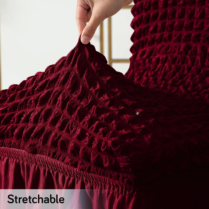 Stretchable 240 - 260 GSM Turkish Bubble Frill Dining Chair Cover Set of 1/2/4/6, Wine - HOKIPO | Har Ghar ka Humsafar