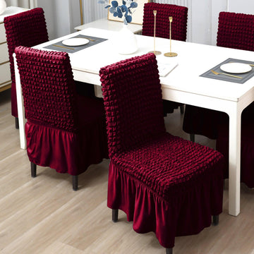 Stretchable 240 - 260 GSM Turkish Bubble Frill Dining Chair Cover Set of 1/2/4/6, Wine - HOKIPO | Har Ghar ka Humsafar