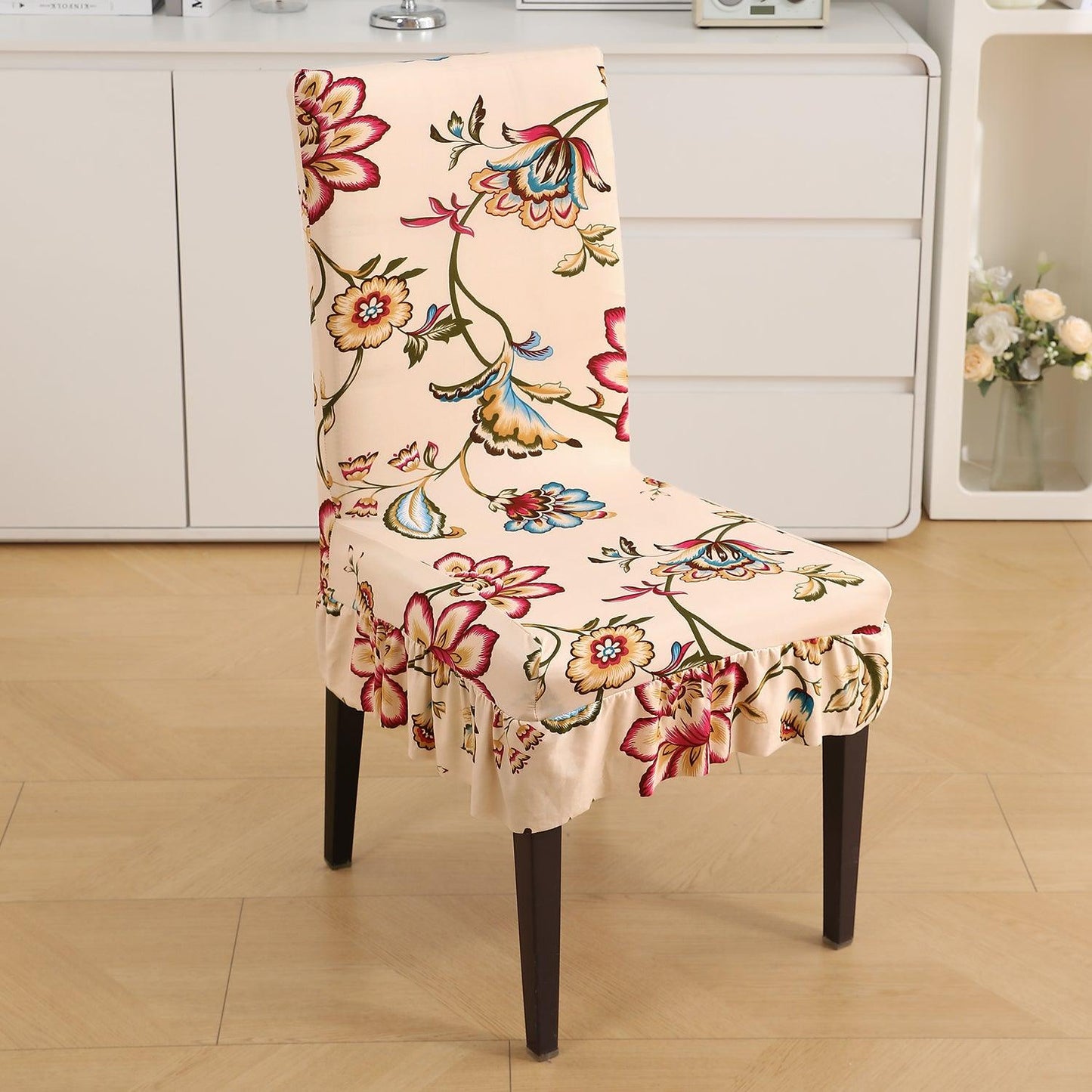 Stretchable Frill Chair Cover Set of 1/2/4/6, Beach Beige Dahlia - HOKIPO | Har Ghar ka Humsafar