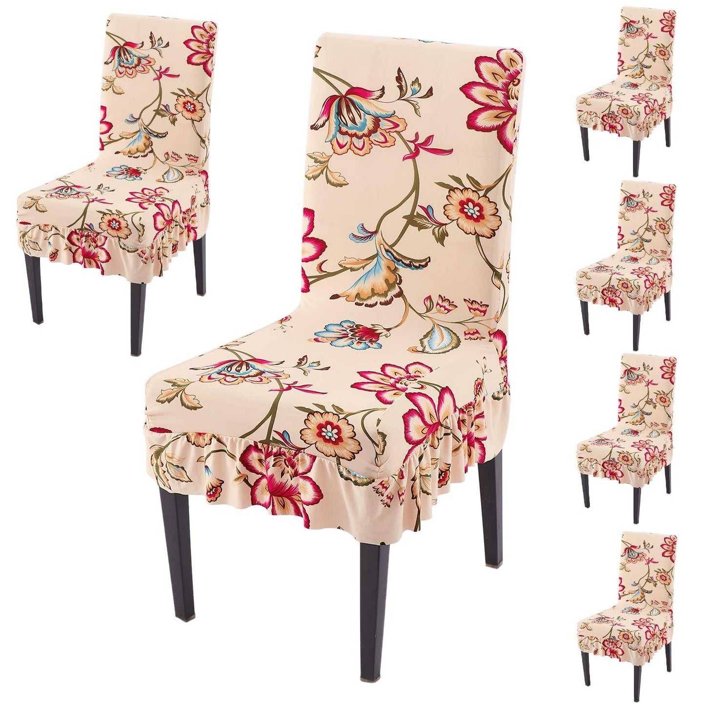 Stretchable Frill Chair Cover Set of 1/2/4/6, Beach Beige Dahlia - HOKIPO | Har Ghar ka Humsafar