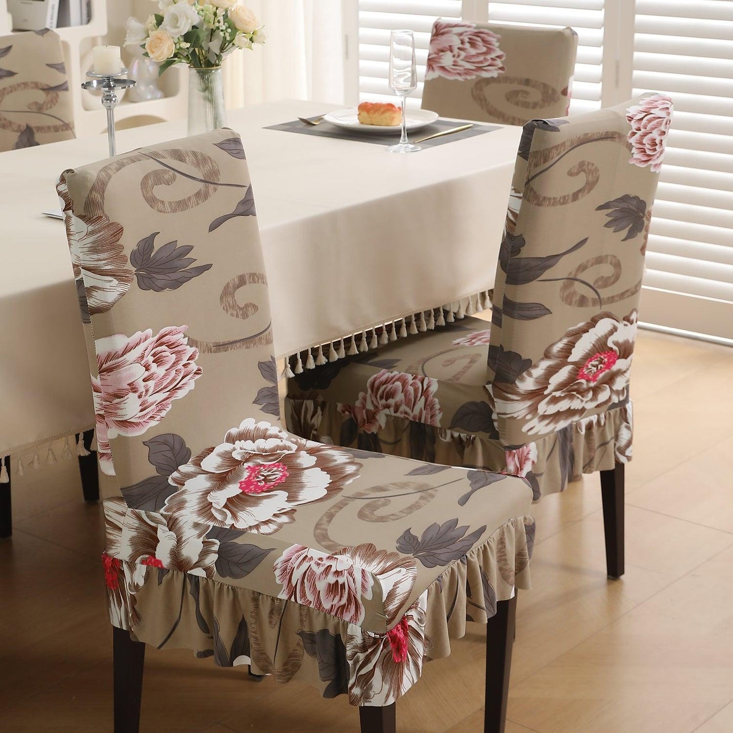 Stretchable Frill Chair Cover Set of 1/2/4/6, Buff Brown Geum - HOKIPO | Har Ghar ka Humsafar