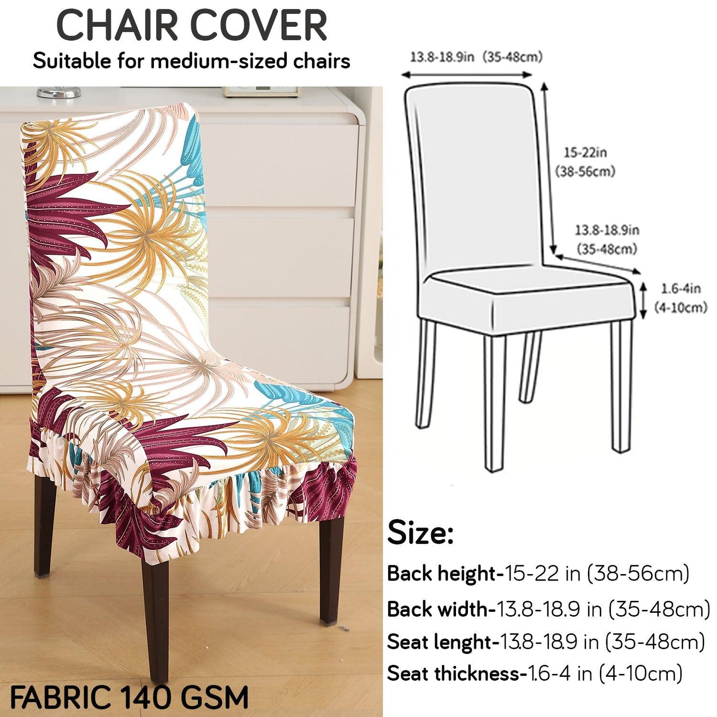 Stretchable Frill Chair Cover Set of 1/2/4/6, Cane Beige Ferns - HOKIPO | Har Ghar ka Humsafar