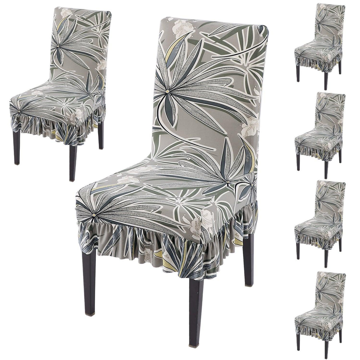 Stretchable Frill Chair Cover Set of 1/2/4/6, Frost Grey Marginata - HOKIPO | Har Ghar ka Humsafar