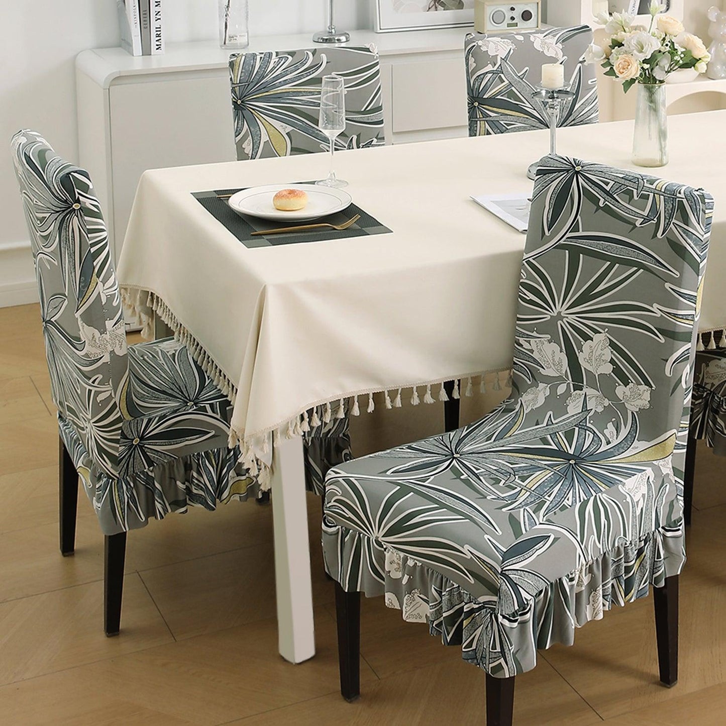 Stretchable Frill Chair Cover Set of 1/2/4/6, Frost Grey Marginata - HOKIPO | Har Ghar ka Humsafar