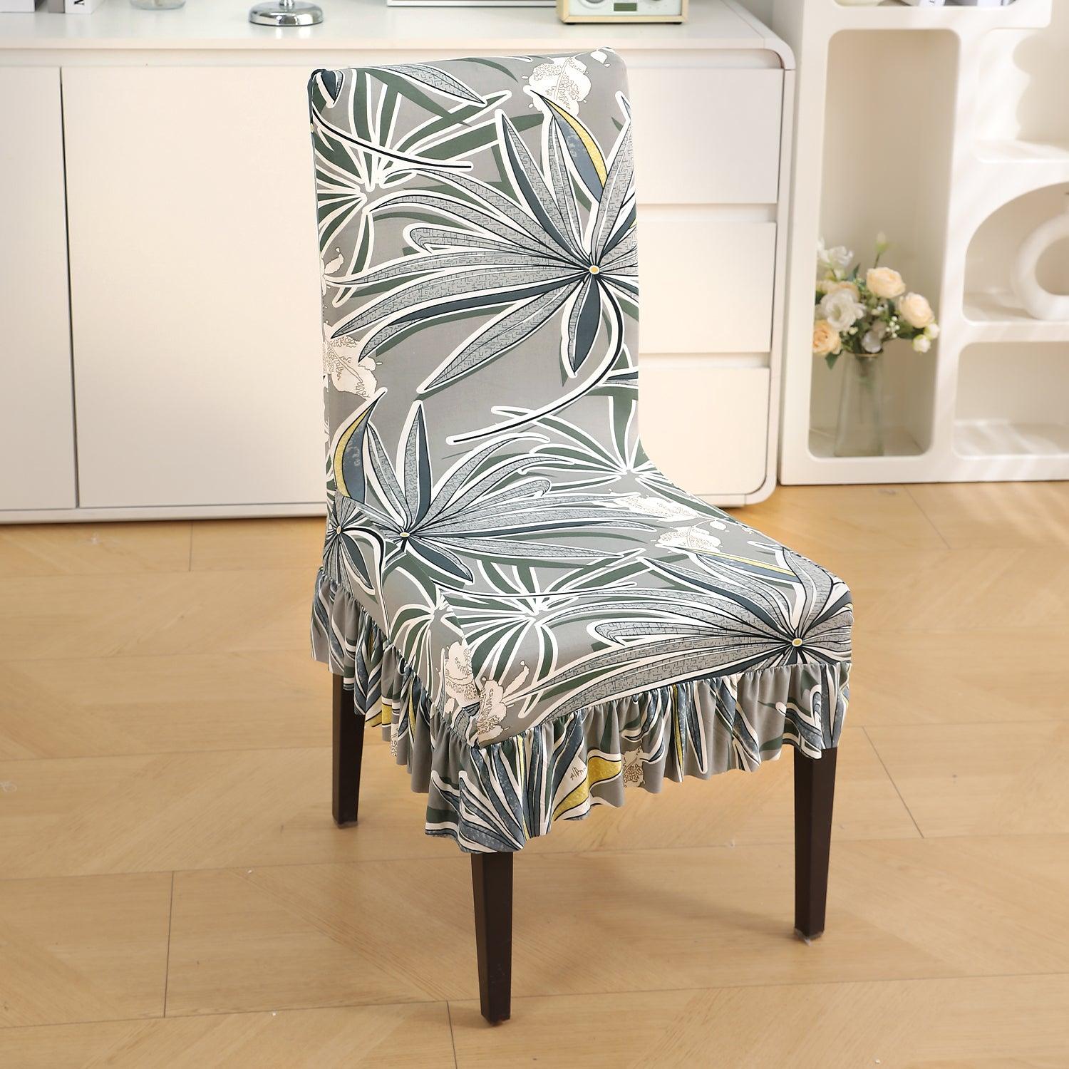 Stretchable Frill Chair Cover Set of 1/2/4/6, Frost Grey Marginata - HOKIPO | Har Ghar ka Humsafar