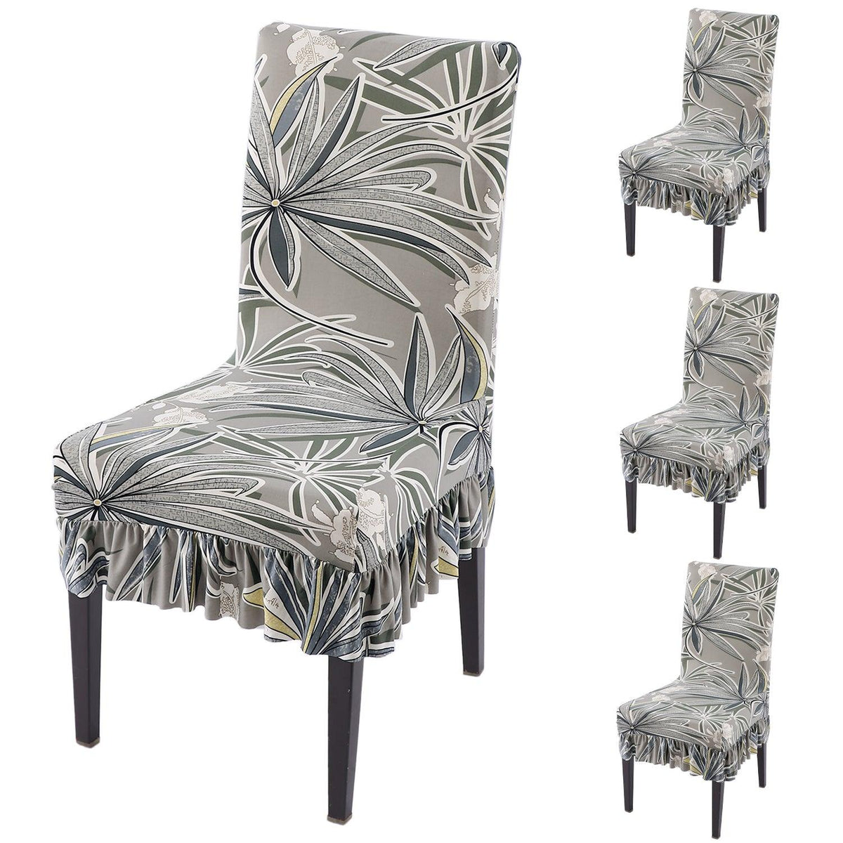 Stretchable Frill Chair Cover Set of 1/2/4/6, Frost Grey Marginata - HOKIPO | Har Ghar ka Humsafar