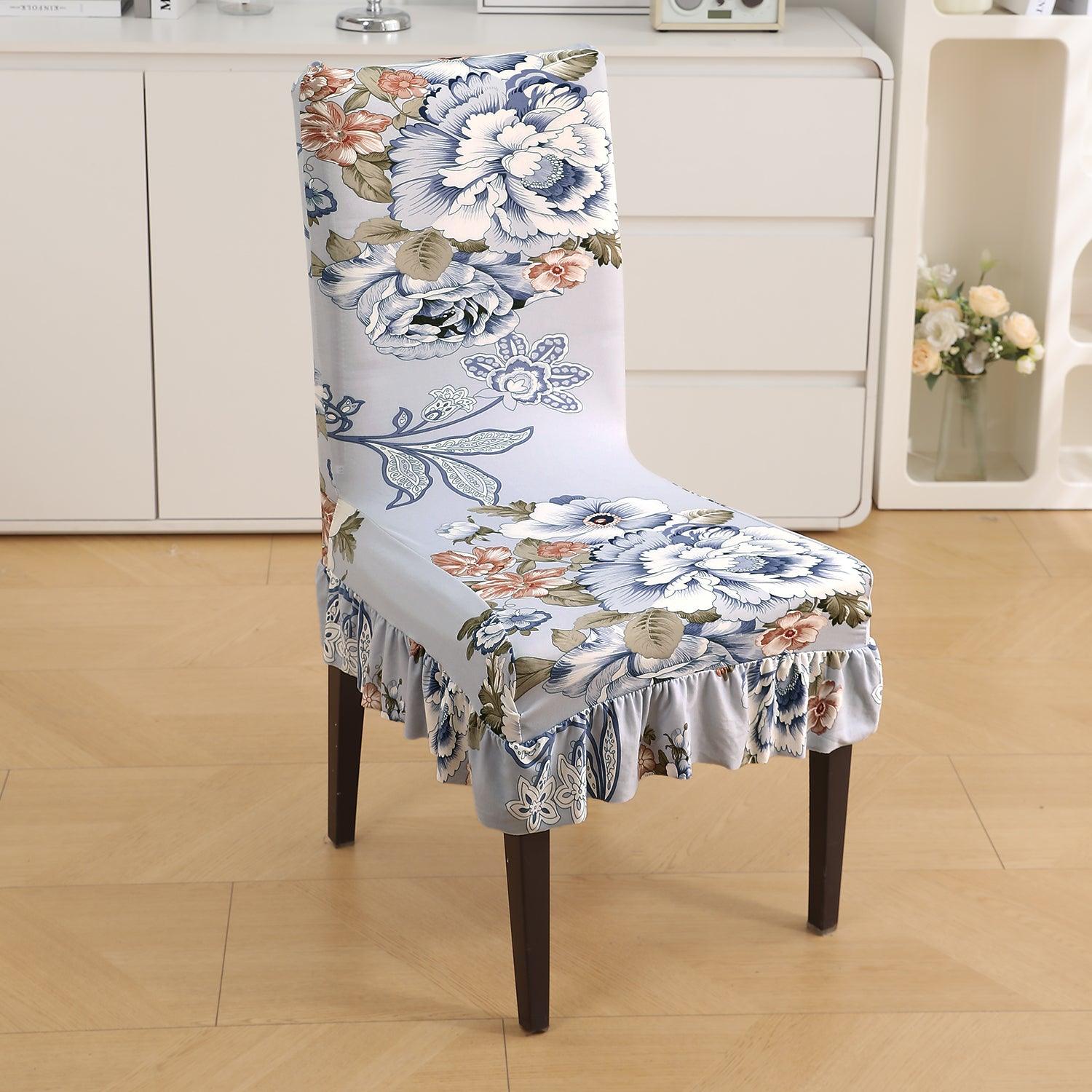 Stretchable Frill Chair Cover Set of 1/2/4/6, Gentle Grey Dahlia - HOKIPO | Har Ghar ka Humsafar