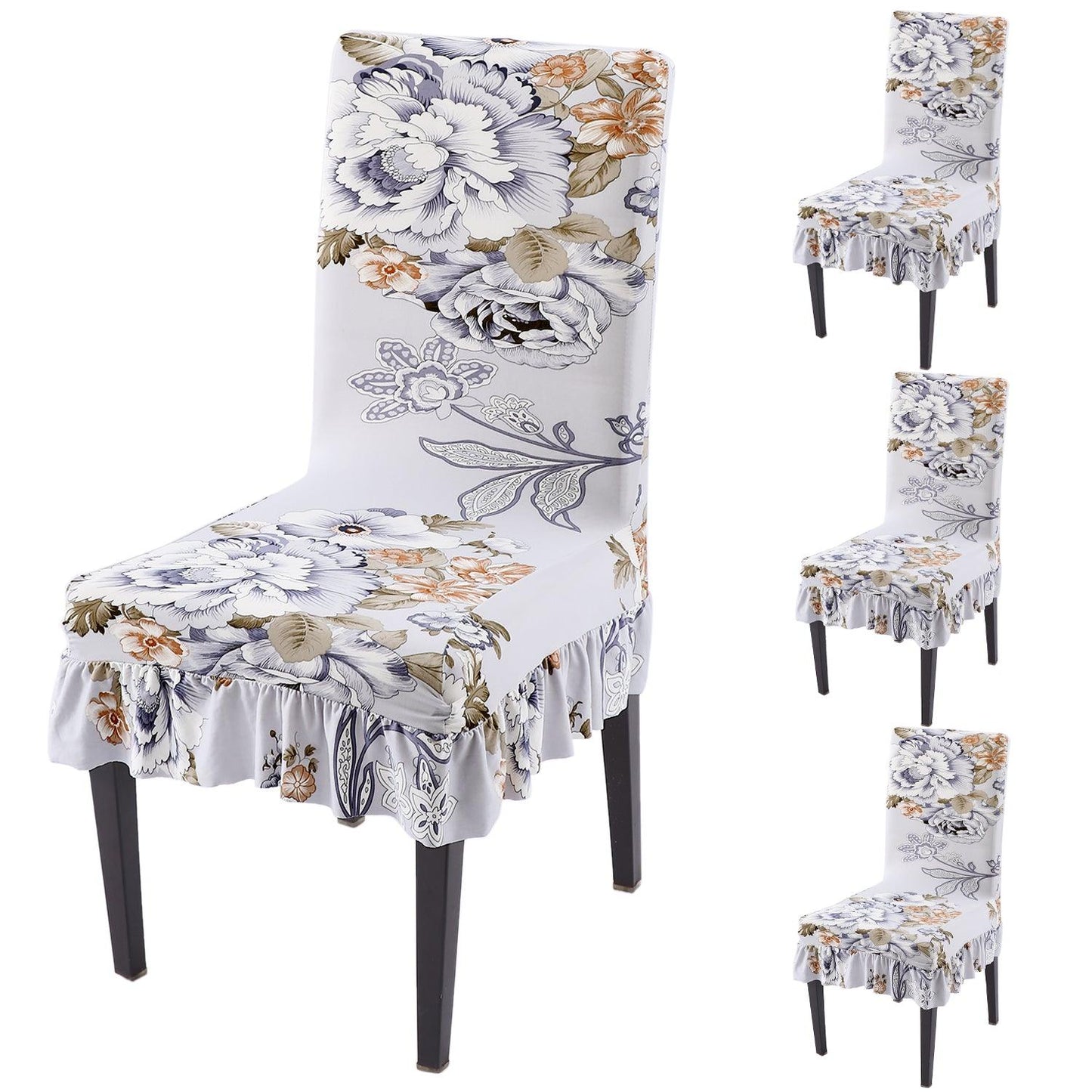 Stretchable Frill Chair Cover Set of 1/2/4/6, Gentle Grey Dahlia - HOKIPO | Har Ghar ka Humsafar