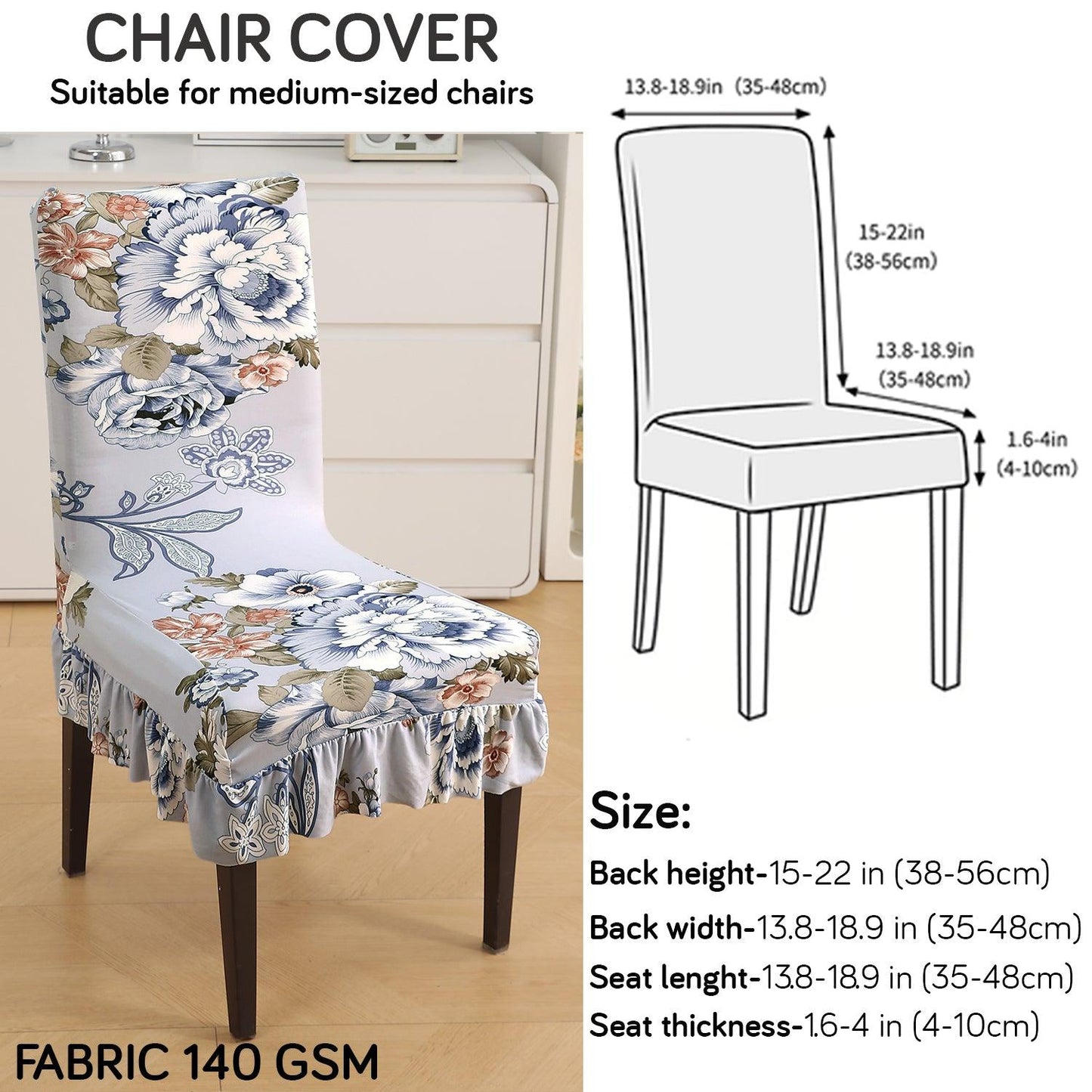 Stretchable Frill Chair Cover Set of 1/2/4/6, Gentle Grey Dahlia - HOKIPO | Har Ghar ka Humsafar