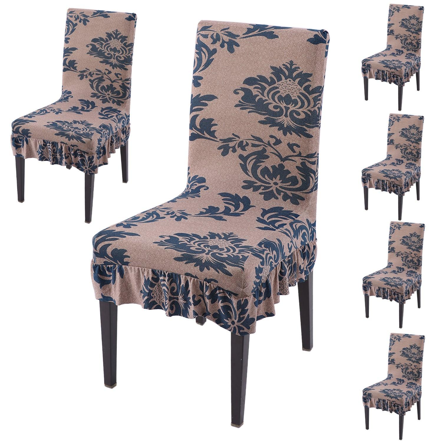 Stretchable Frill Chair Cover Set of 1/2/4/6, Light Coffee Lotus Damask - HOKIPO | Har Ghar ka Humsafar