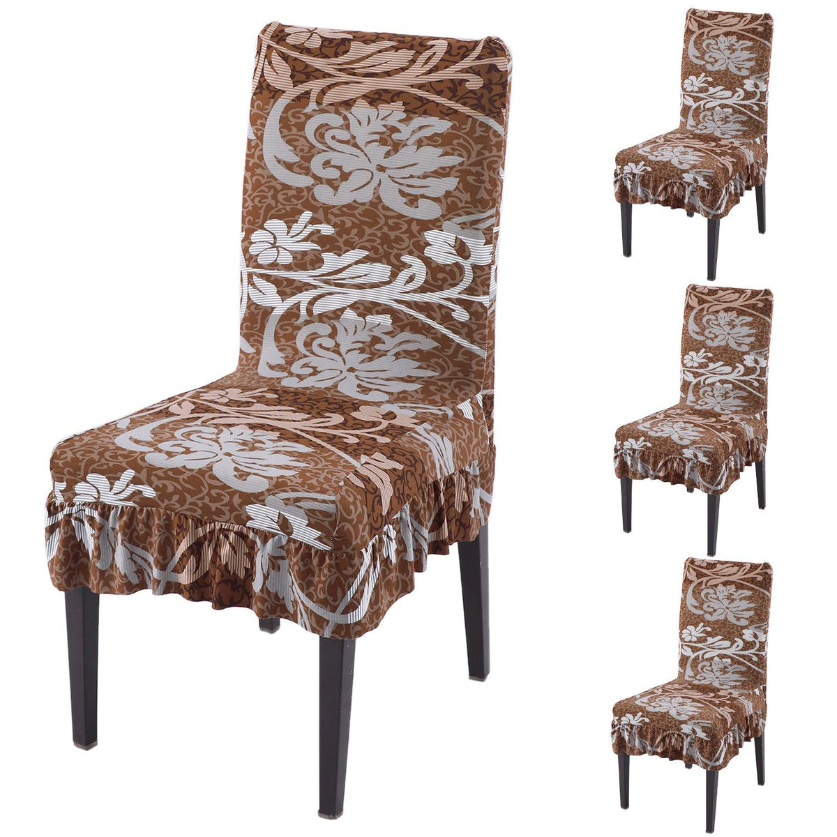 Stretchable Frill Chair Cover Set of 1/2/4/6, Rich Chocolate Damask Floral - HOKIPO | Har Ghar ka Humsafar