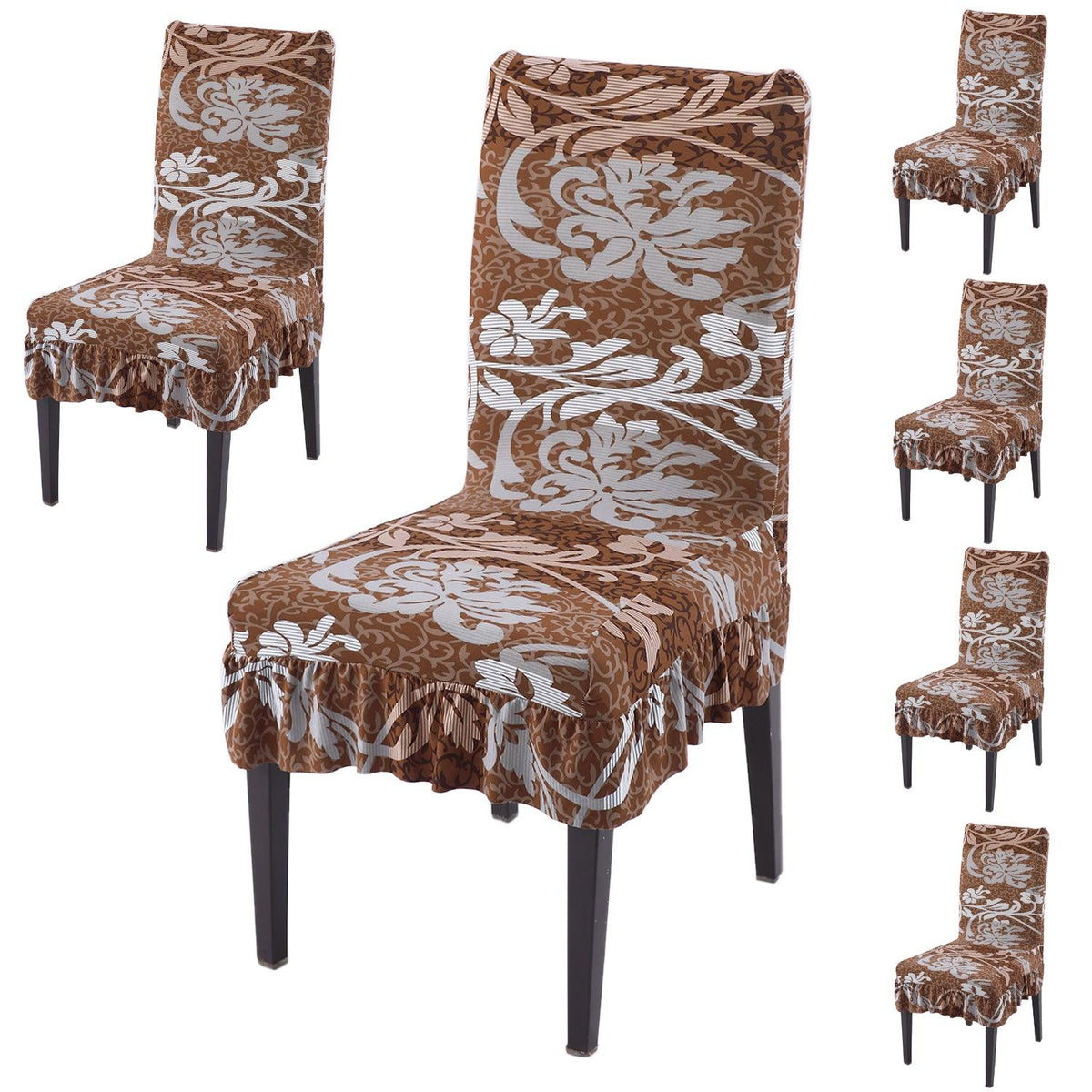 Stretchable Frill Chair Cover Set of 1/2/4/6, Rich Chocolate Damask Floral - HOKIPO | Har Ghar ka Humsafar