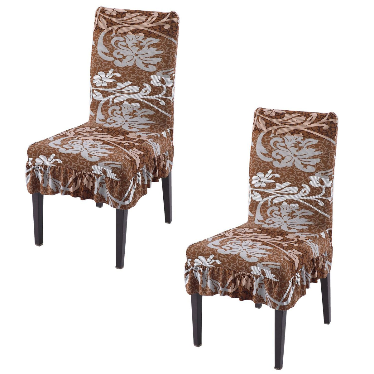 Stretchable Frill Chair Cover Set of 1/2/4/6, Rich Chocolate Damask Floral - HOKIPO | Har Ghar ka Humsafar