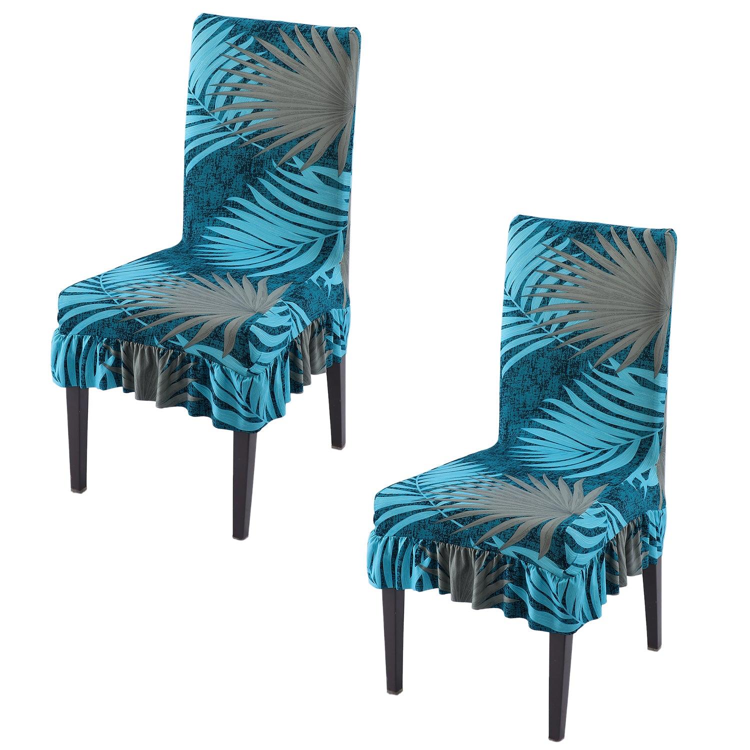 Stretchable Frill Chair Cover Set of 1/2/4/6, Sea Blue Tropical Leaves - HOKIPO | Har Ghar ka Humsafar