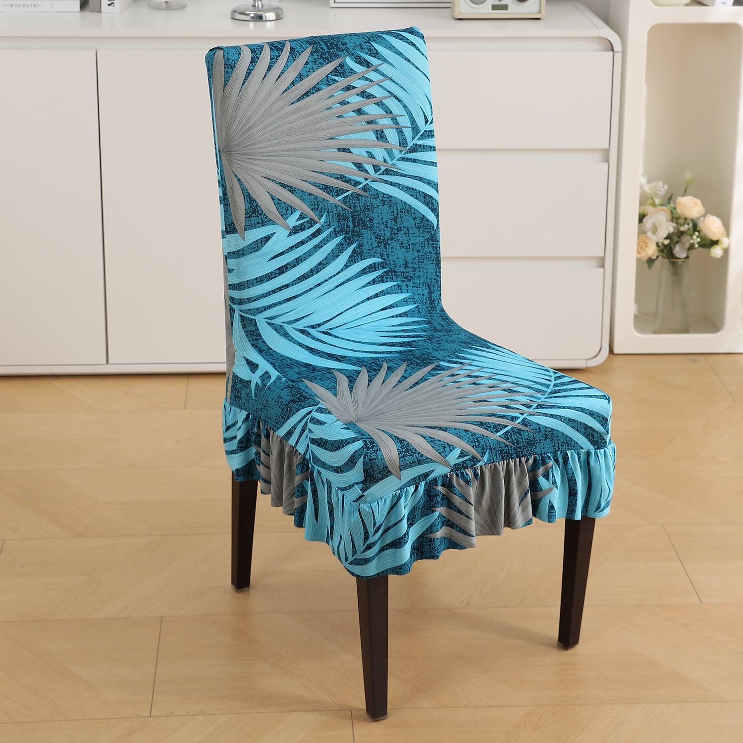 Stretchable Frill Chair Cover Set of 1/2/4/6, Sea Blue Tropical Leaves - HOKIPO | Har Ghar ka Humsafar