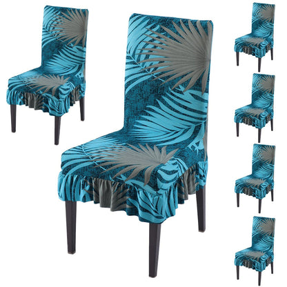 Stretchable Frill Chair Cover Set of 1/2/4/6, Sea Blue Tropical Leaves - HOKIPO | Har Ghar ka Humsafar