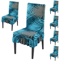 Stretchable Frill Chair Cover Set of 1/2/4/6, Sea Blue Tropical Leaves - HOKIPO | Har Ghar ka Humsafar