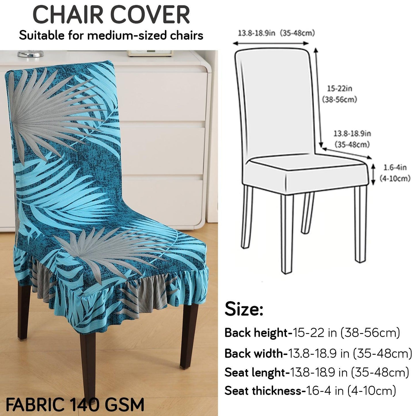 Stretchable Frill Chair Cover Set of 1/2/4/6, Sea Blue Tropical Leaves - HOKIPO | Har Ghar ka Humsafar