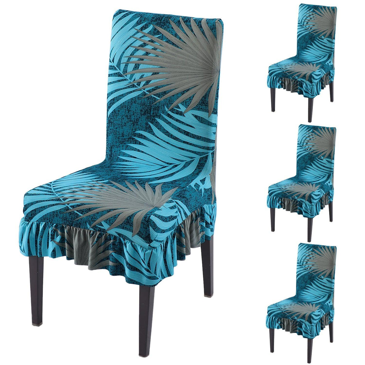 Stretchable Frill Chair Cover Set of 1/2/4/6, Sea Blue Tropical Leaves - HOKIPO | Har Ghar ka Humsafar