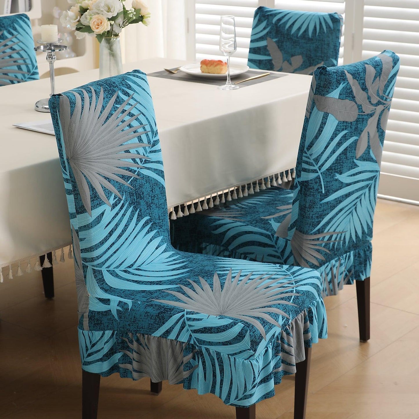 Stretchable Frill Chair Cover Set of 1/2/4/6, Sea Blue Tropical Leaves - HOKIPO | Har Ghar ka Humsafar