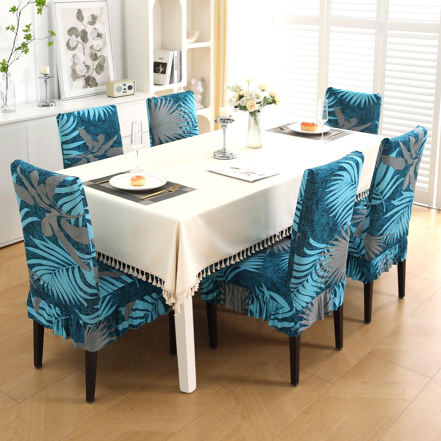 Stretchable Frill Chair Cover Set of 1/2/4/6, Sea Blue Tropical Leaves - HOKIPO | Har Ghar ka Humsafar