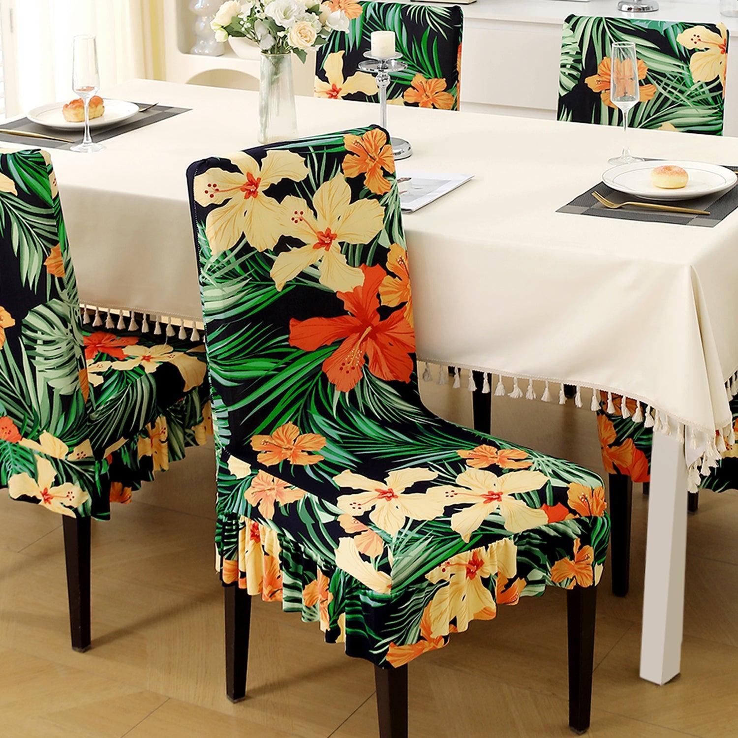 Stretchable Frill Chair Cover Set of 1/2/4/6, Spring Green Hibiscus - HOKIPO | Har Ghar ka Humsafar