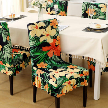 Stretchable Frill Chair Cover Set of 1/2/4/6, Spring Green Hibiscus - HOKIPO | Har Ghar ka Humsafar