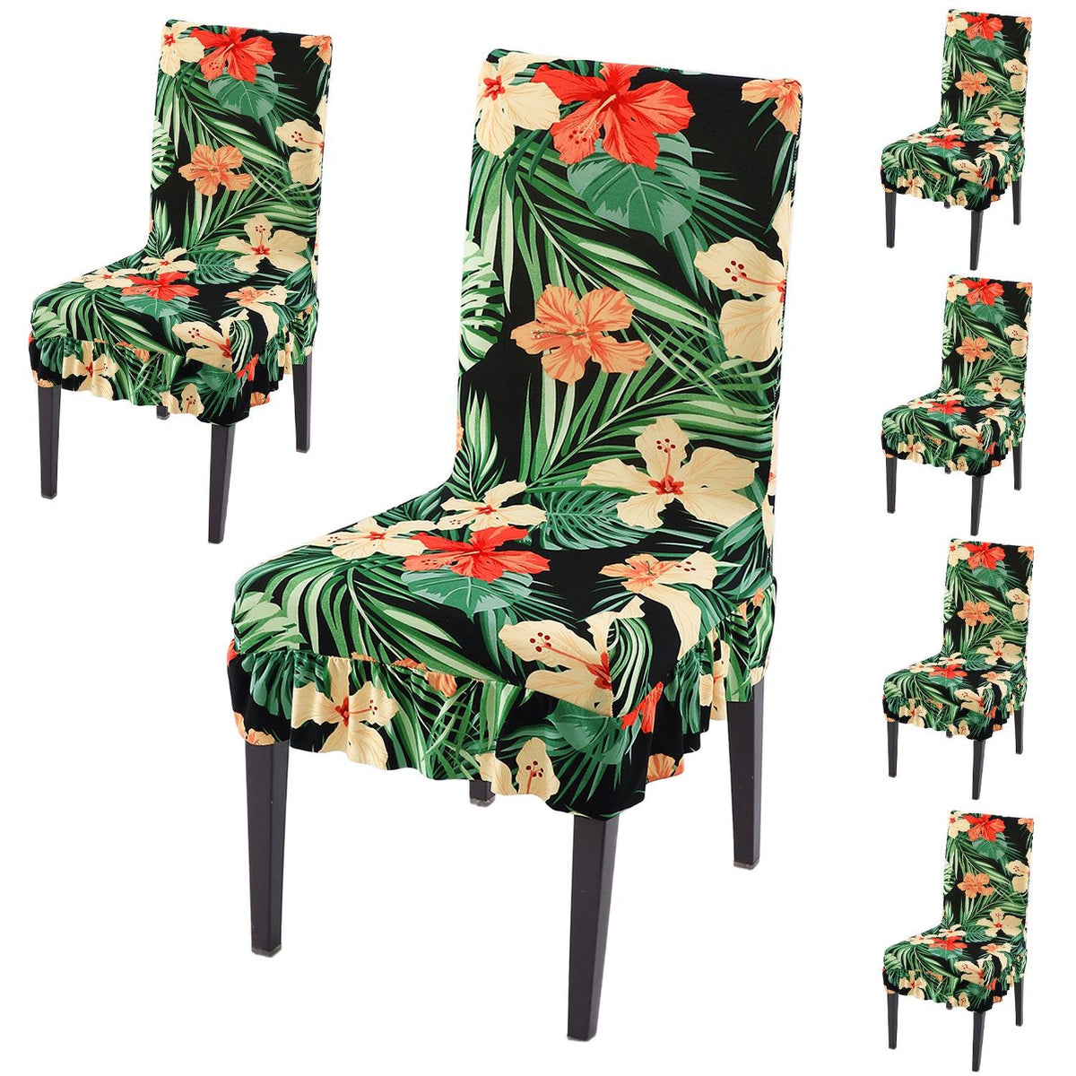 Stretchable Frill Chair Cover Set of 1/2/4/6, Spring Green Hibiscus - HOKIPO | Har Ghar ka Humsafar