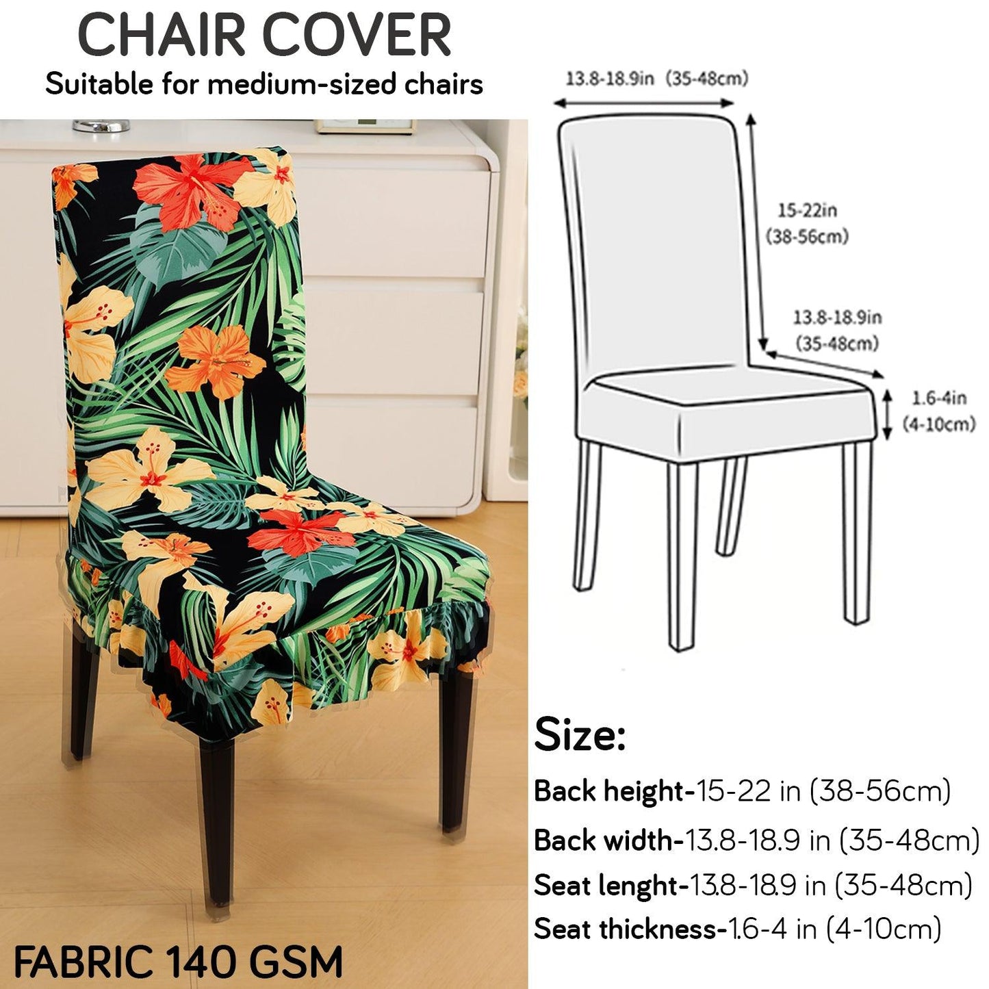 Stretchable Frill Chair Cover Set of 1/2/4/6, Spring Green Hibiscus - HOKIPO | Har Ghar ka Humsafar