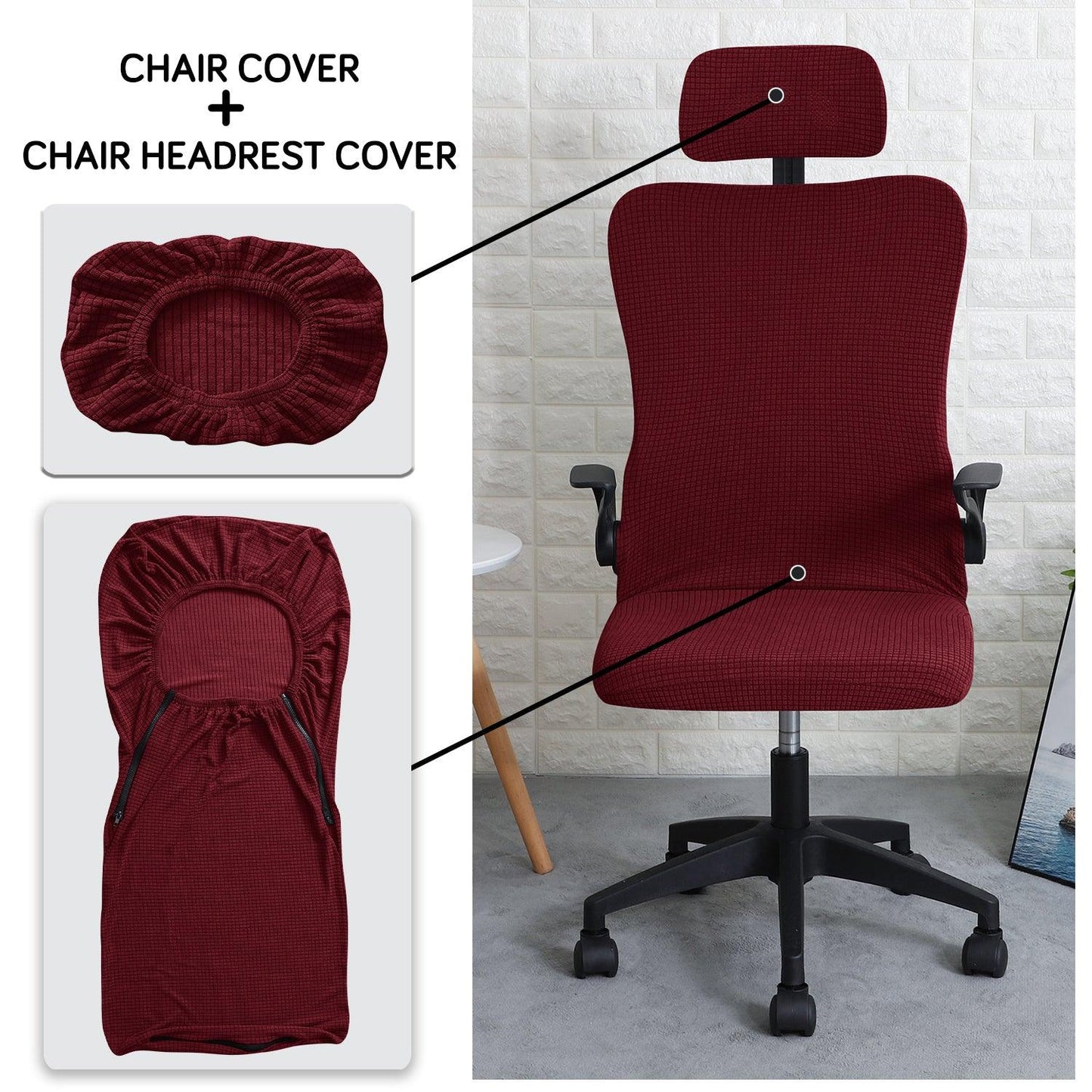 Stretchable Jacquard Office Boss Chair Seat Cover with Headrest Cover for Computer Desk Chair, Burgundy - HOKIPO | Har Ghar ka Humsafar