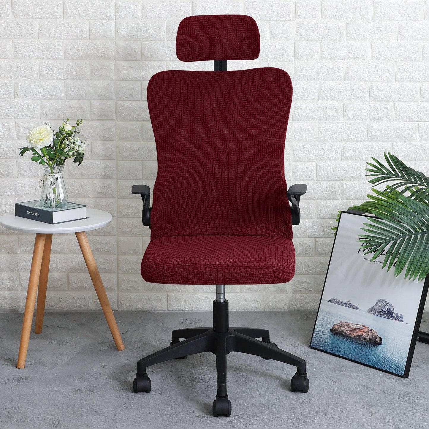 Stretchable Jacquard Office Boss Chair Seat Cover with Headrest Cover for Computer Desk Chair, Burgundy - HOKIPO | Har Ghar ka Humsafar