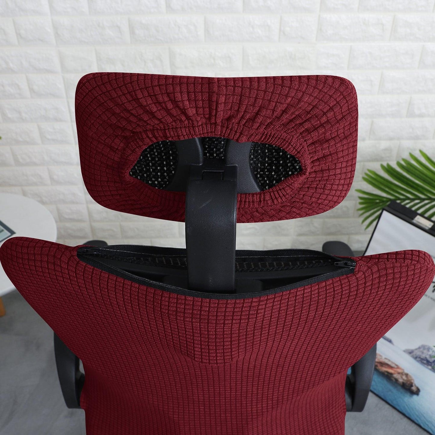 Stretchable Jacquard Office Boss Chair Seat Cover with Headrest Cover for Computer Desk Chair, Burgundy - HOKIPO | Har Ghar ka Humsafar