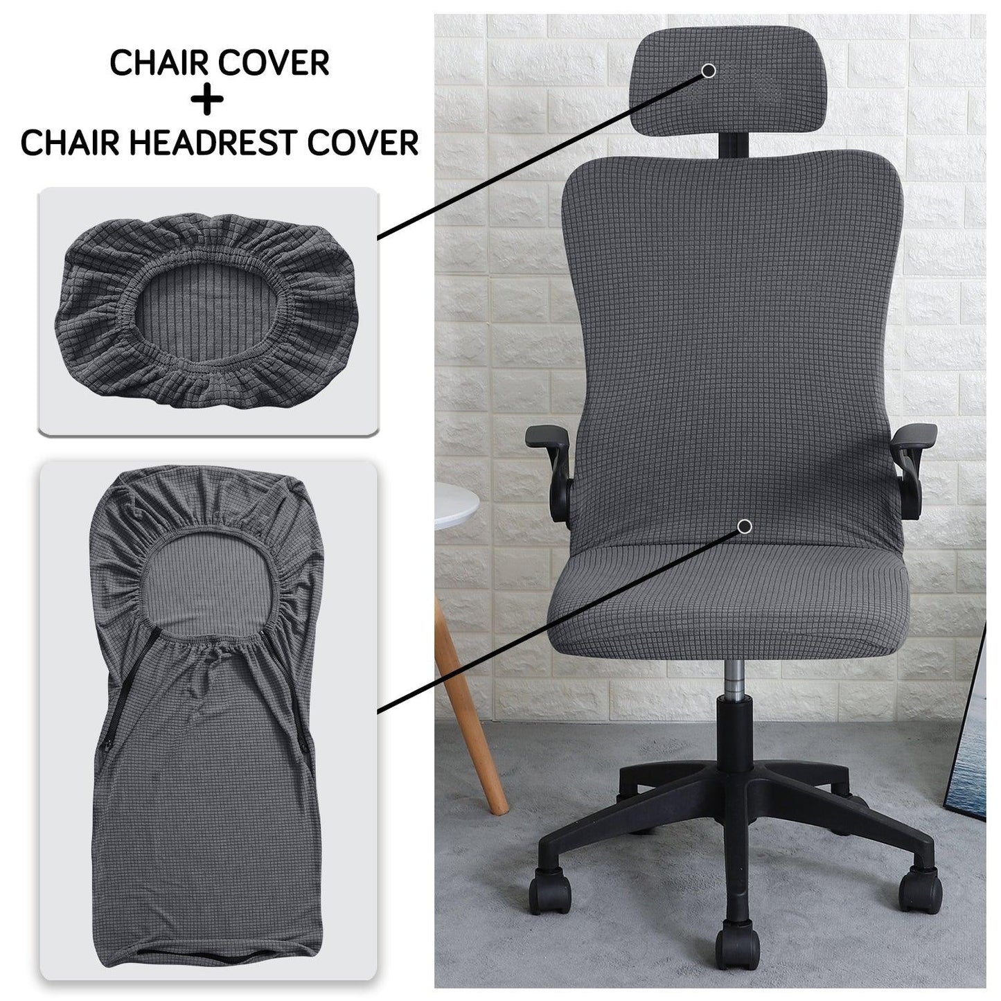 Stretchable Jacquard Office Boss Chair Seat Cover with Headrest Cover for Computer Desk Chair, Dark Grey - HOKIPO | Har Ghar ka Humsafar