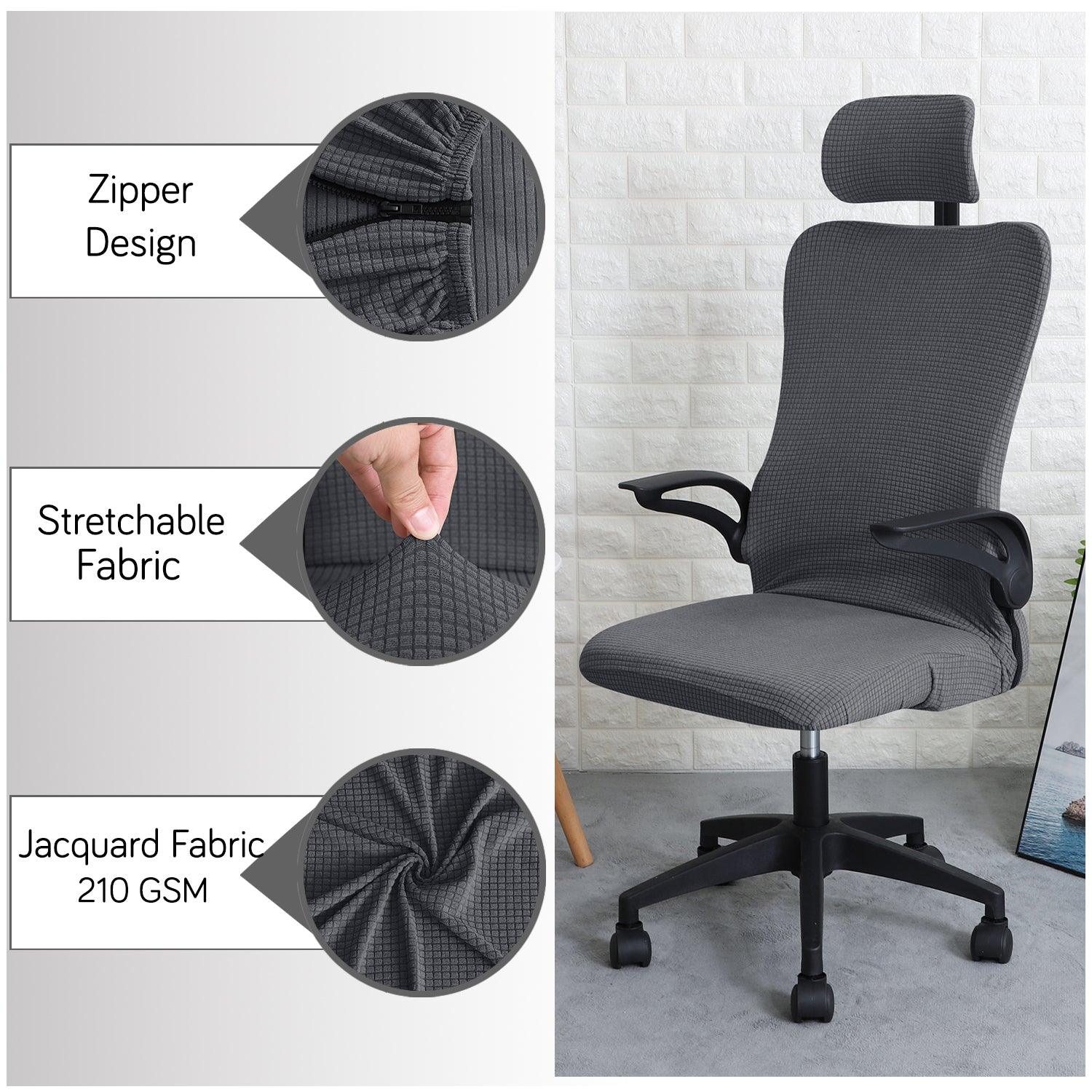 Stretchable Jacquard Office Boss Chair Seat Cover with Headrest Cover for Computer Desk Chair, Dark Grey - HOKIPO | Har Ghar ka Humsafar