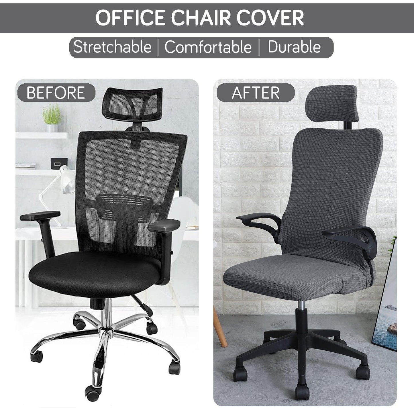 Stretchable Jacquard Office Boss Chair Seat Cover with Headrest Cover for Computer Desk Chair, Dark Grey - HOKIPO | Har Ghar ka Humsafar