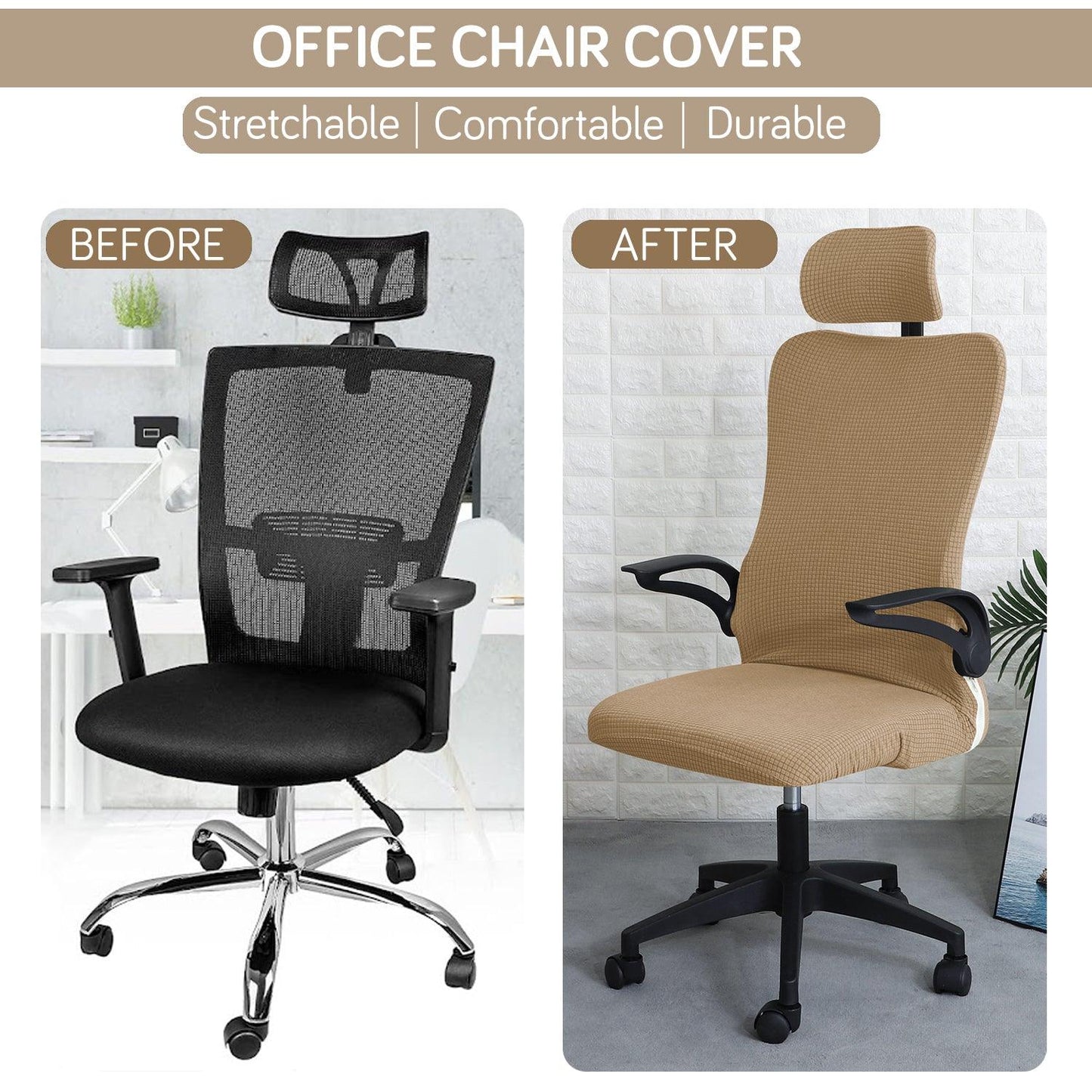 Stretchable Jacquard Office Boss Chair Seat Cover with Headrest Cover for Computer Desk Chair, Light Brown - HOKIPO | Har Ghar ka Humsafar