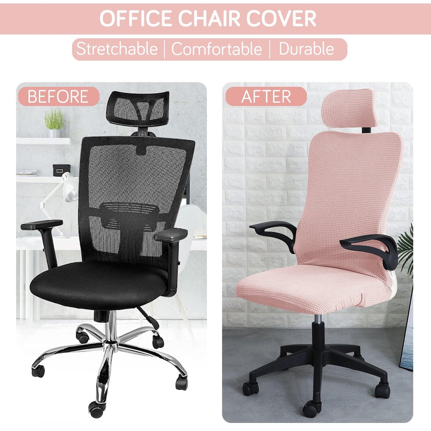 Stretchable Jacquard Office Boss Chair Seat Cover with Headrest Cover for Computer Desk Chair, Pink - HOKIPO | Har Ghar ka Humsafar