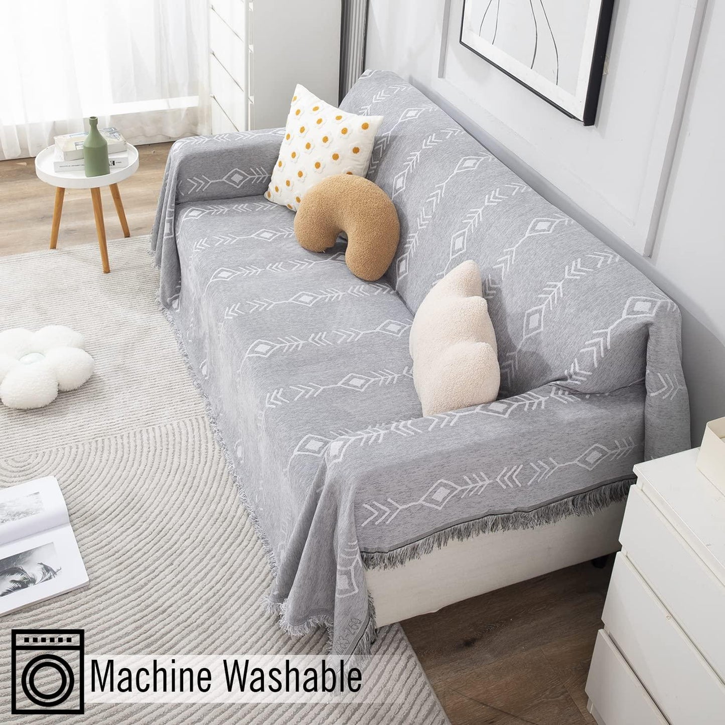 Thick, Soft and Pet Friendly Chenille Sofa Cover Throw, Grey Aztec - HOKIPO | Har Ghar ka Humsafar