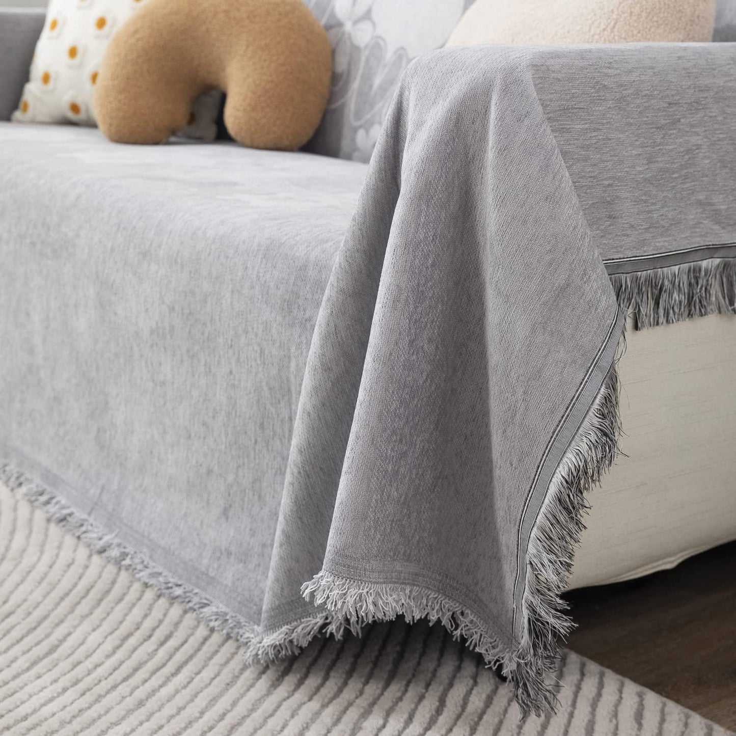 Thick, Soft and Pet Friendly Chenille Sofa Cover Throw, Grey Nature - HOKIPO | Har Ghar ka Humsafar