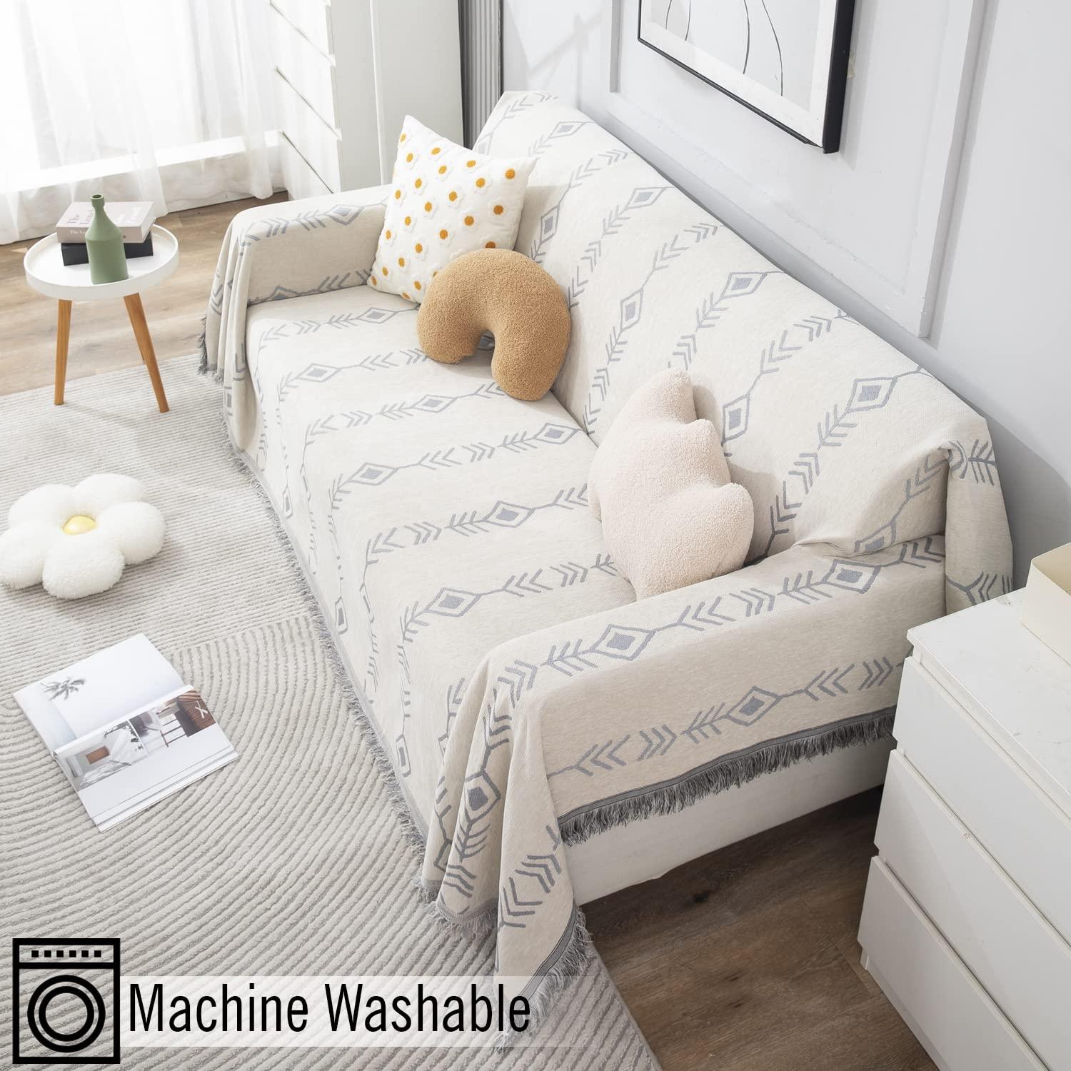 Thick, Soft and Pet Friendly Chenille Sofa Cover Throw, Off - White Aztec - HOKIPO | Har Ghar ka Humsafar