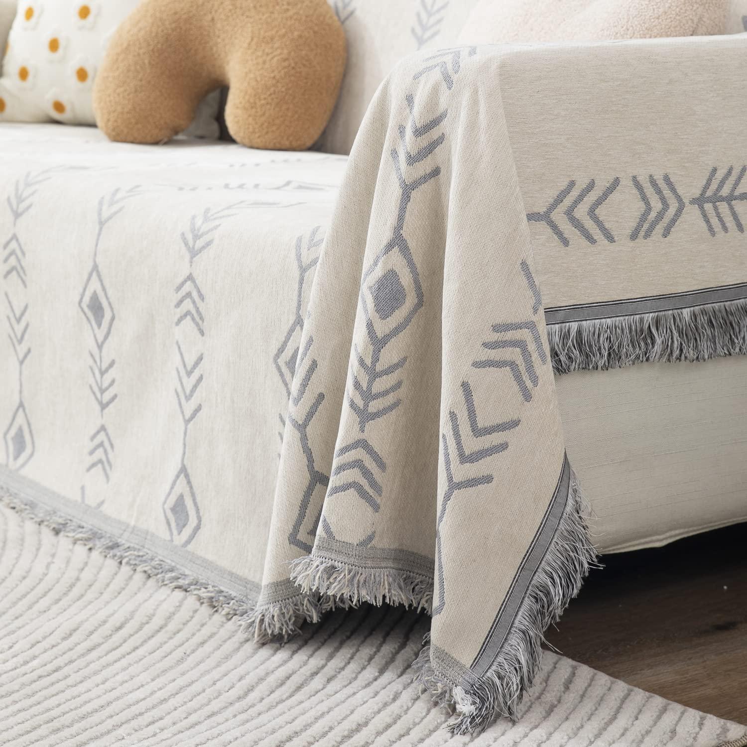 Thick, Soft and Pet Friendly Chenille Sofa Cover Throw, Off - White Aztec - HOKIPO | Har Ghar ka Humsafar