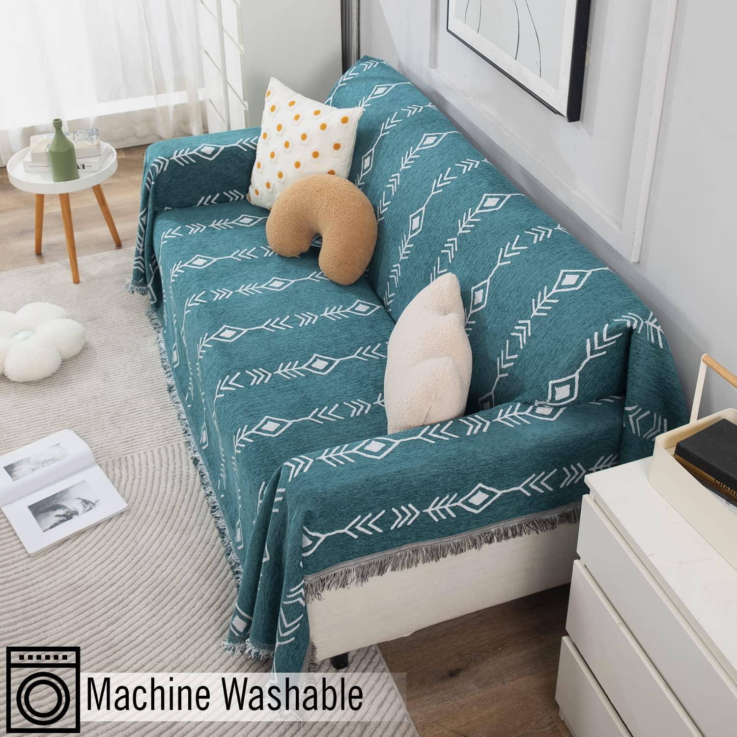 Thick, Soft and Pet Friendly Chenille Sofa Cover Throw, Teal Aztec - HOKIPO | Har Ghar ka Humsafar