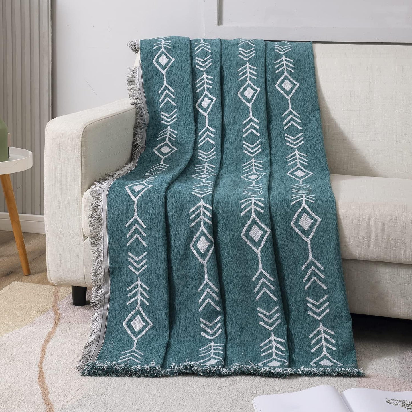 Thick, Soft and Pet Friendly Chenille Sofa Cover Throw, Teal Aztec - HOKIPO | Har Ghar ka Humsafar